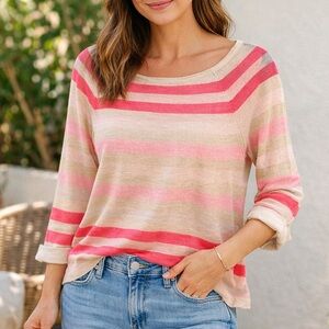 LOFT Petite Small Linen Knit Striped Top Pink Cream Lightweight 3/4 Sleeve